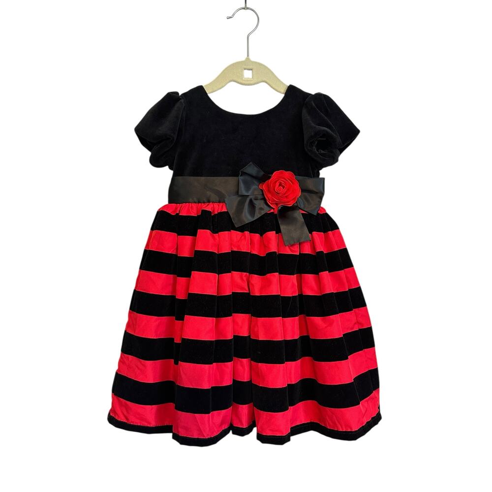Little Me Holiday Red Black Striped Ruffled Skirt Velvet Upper Satin Bows 2T